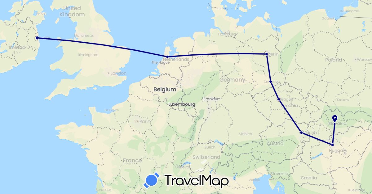 TravelMap itinerary: driving in Austria, Czech Republic, Germany, Hungary, Ireland, Netherlands, Slovakia (Europe)